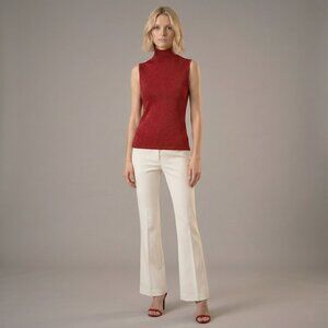 Viscose Blend Red Sleeveless Turtleneck Jersey Top Metallic Shimmer